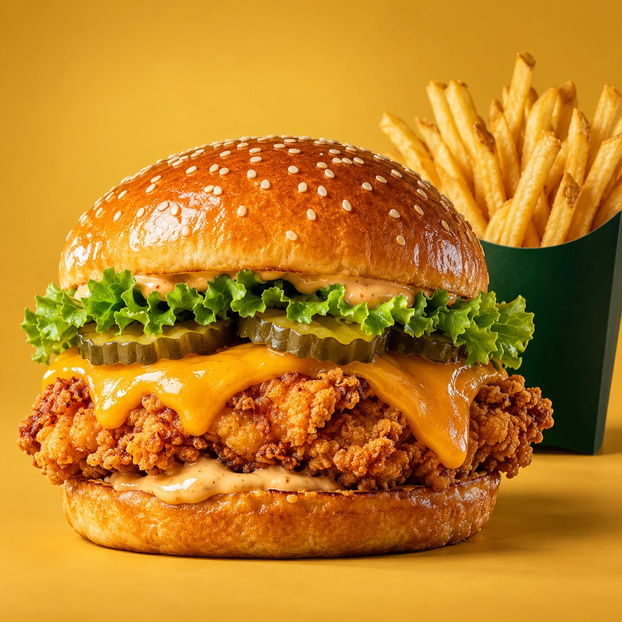 Crispy chicken burger with melted cheese and golden fries